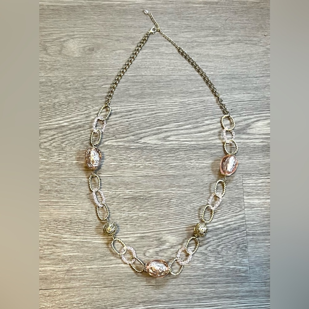 Vintage Gold Tone Peach Colored Foil Glass Beaded Statement Necklace, 33"-36.5"